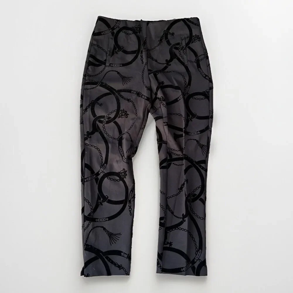 Chicos Juliet Flocked Trouser Pants Size 1.5 Medium Gray Black Velvet Chain Link
